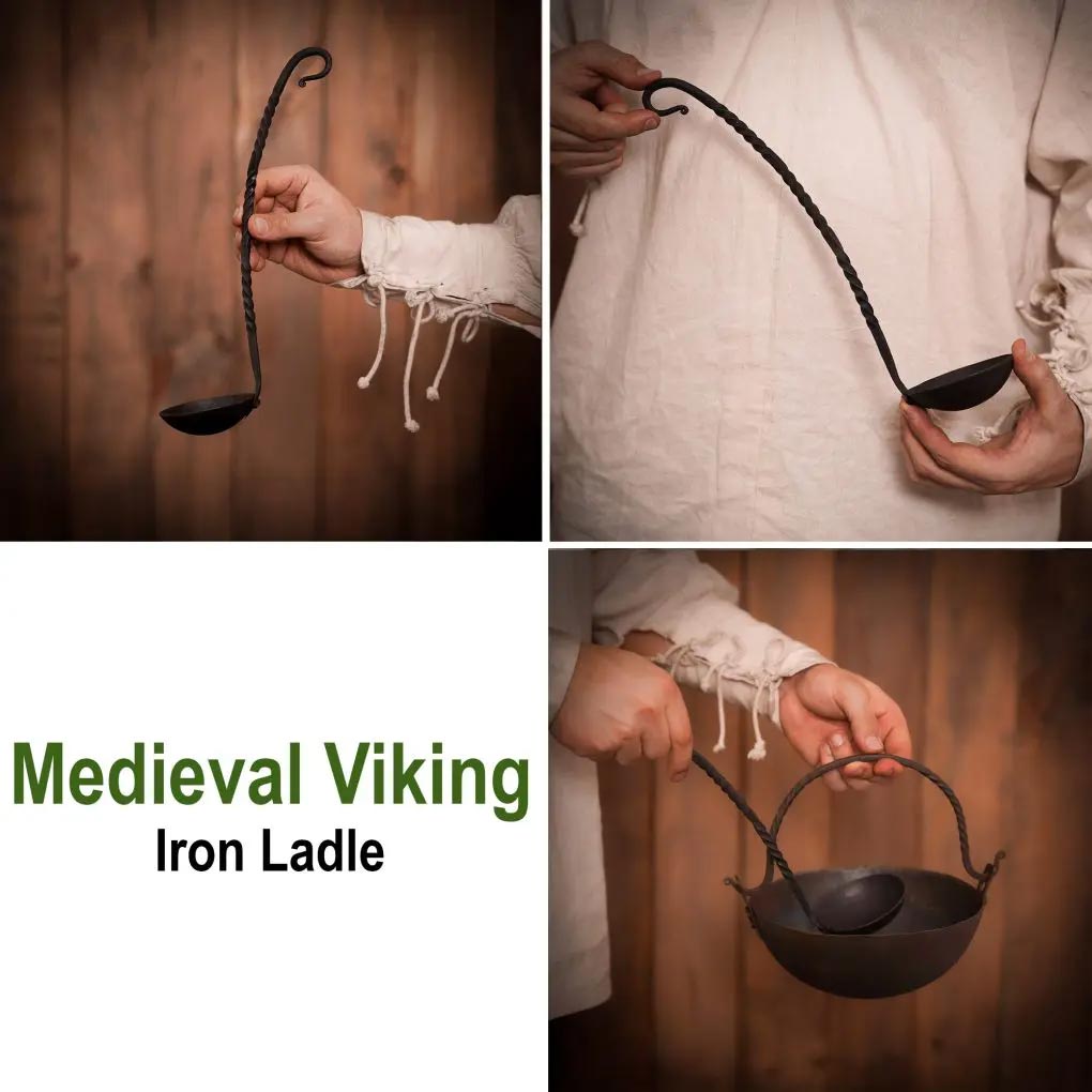 Hand-Forged Iron Ladle – 35 cm Medieval Cooking Utensil – Calimacil